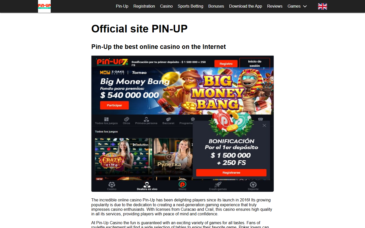 Pin-Up public page screenshot for Book of Dead checks
